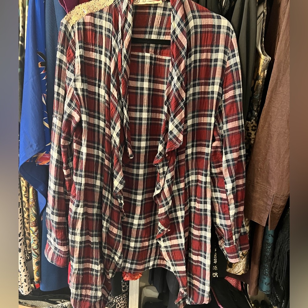 Burgandy and Navy Plaid Ruffled Shirt Cardigan l L